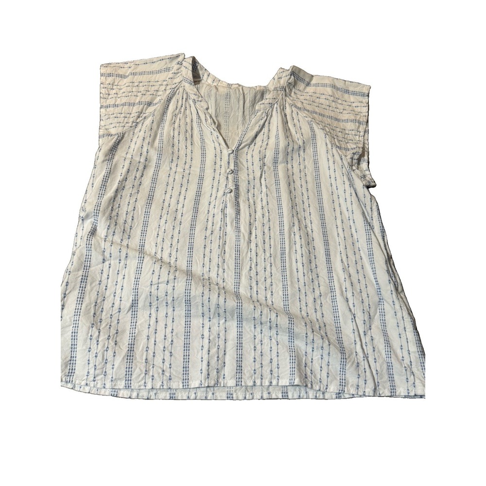 Time And Tru White Blue Striped V-Neck Cap Sleeve Button Front Blouse L